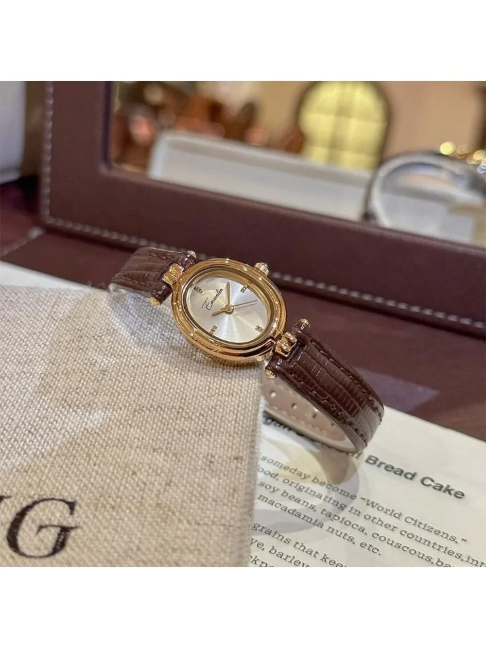 Women's Brown Fashion Small Oval Quartz Leather Band Classic Minimalist Watch